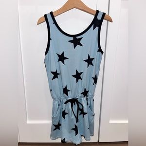 Pixie Lane blue with black stars shorts romper.